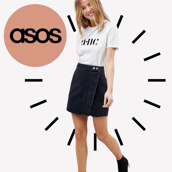 ASOS HIGH WAIST BLACK WRAP DENIM SKIRT SIZE 4 - Picture 1 of 6